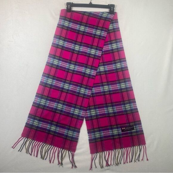 Made In Scotland 100% Cashmere Pink Plaid Scarf With Fringed Edges - Picture 1 of 6
